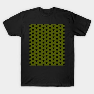 Black Hearts, Polka Dots, Pattern on Olive Green T-Shirt